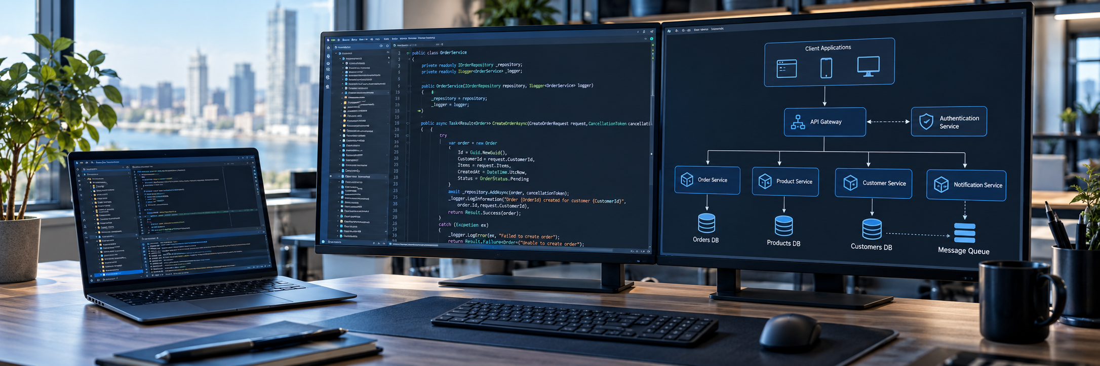 Software development workstation with code and an architecture diagram on screen